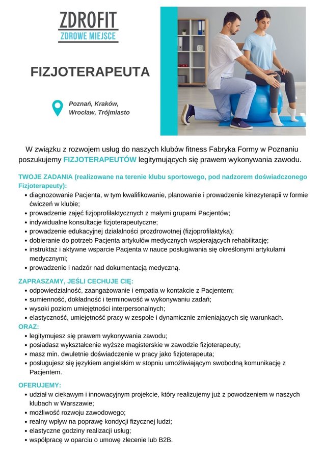 ZDROFIT poszukuje fizjoterapeutów do klubów fitness Fabryka Formy w Poznaniu